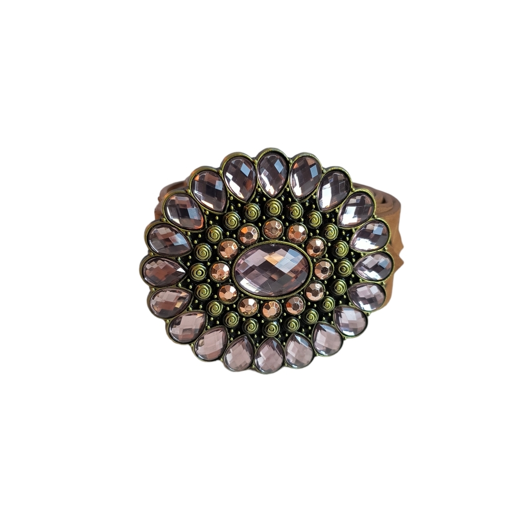 Rhinestone Floral Fashion Belt Large Buckle Size 11 Brown Pink